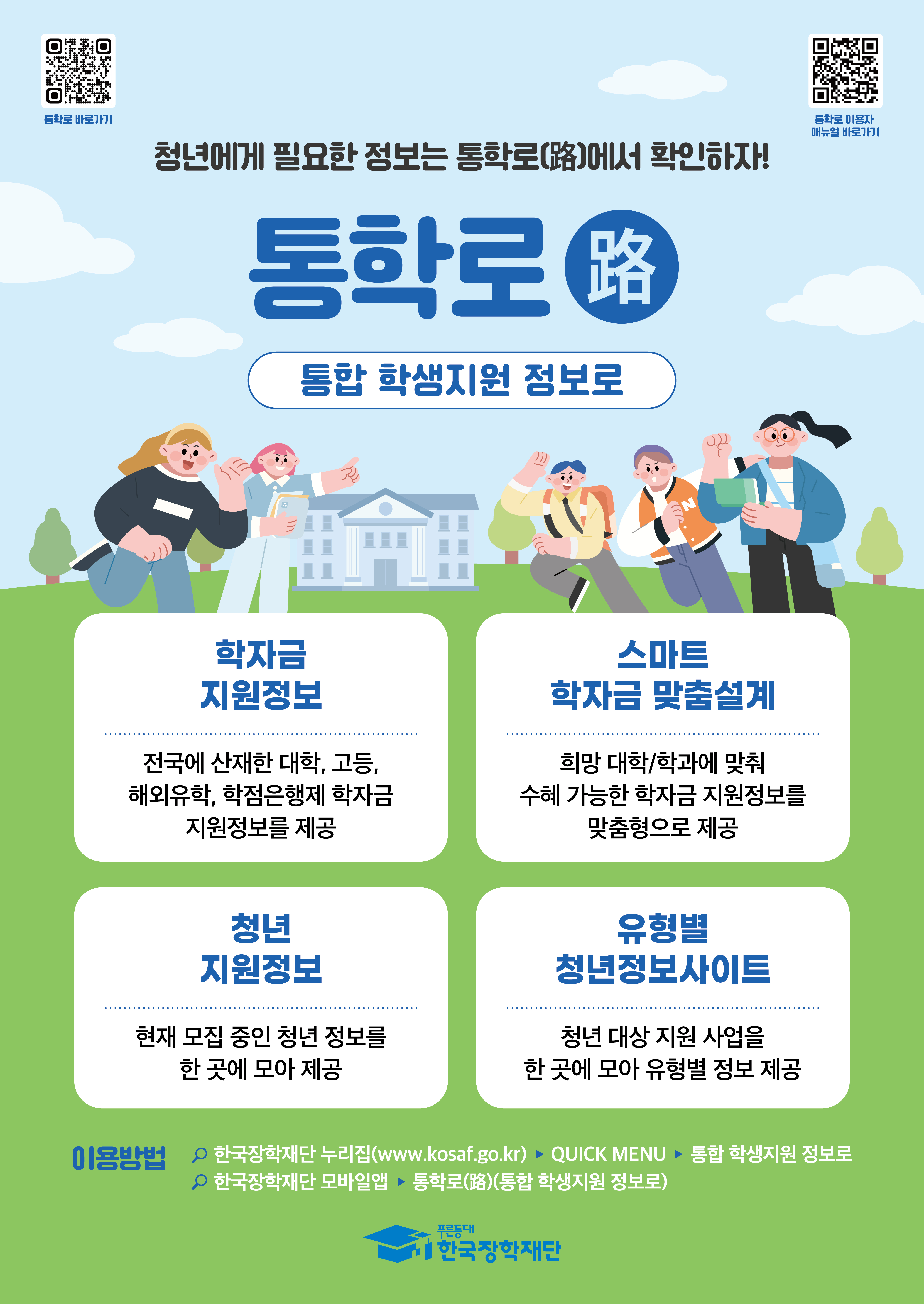통학로 바로가기 / 통학로 이용자 뉴얼 바로가기 / 청년에게 필요한 정보는 통학로(路)에서 확인하자! / 통학로 통합 학생지원 정보로 / 학자금 지원정보 : 전국에 산재한 대학, 고등, 해외유학, 학점은행제 학자금 지원정보를 제공 / 스마트 학자금 맞춤설계 : 희망 대학/학과에 맞춰 수혜 가능한 학자금 지원정보를 맞춤형으로 제공 / 청년 지원정보 : 현재 모집 중인 청년 정보를 한 곳에 모아 제공 / 유형별 청년정보사이트 : 청년 대상 지원 사업을 한 곳에 모아 유형별 정보 제공 / 이용방법 : 한국장학재단 누리집(www.kosaf.go.kr), QUICK MENU, 통합 학생지원 정보로, 한국장학재단 모바일앱, 통학로(路)(통합 학생지원 정보로) / 한국장학재단