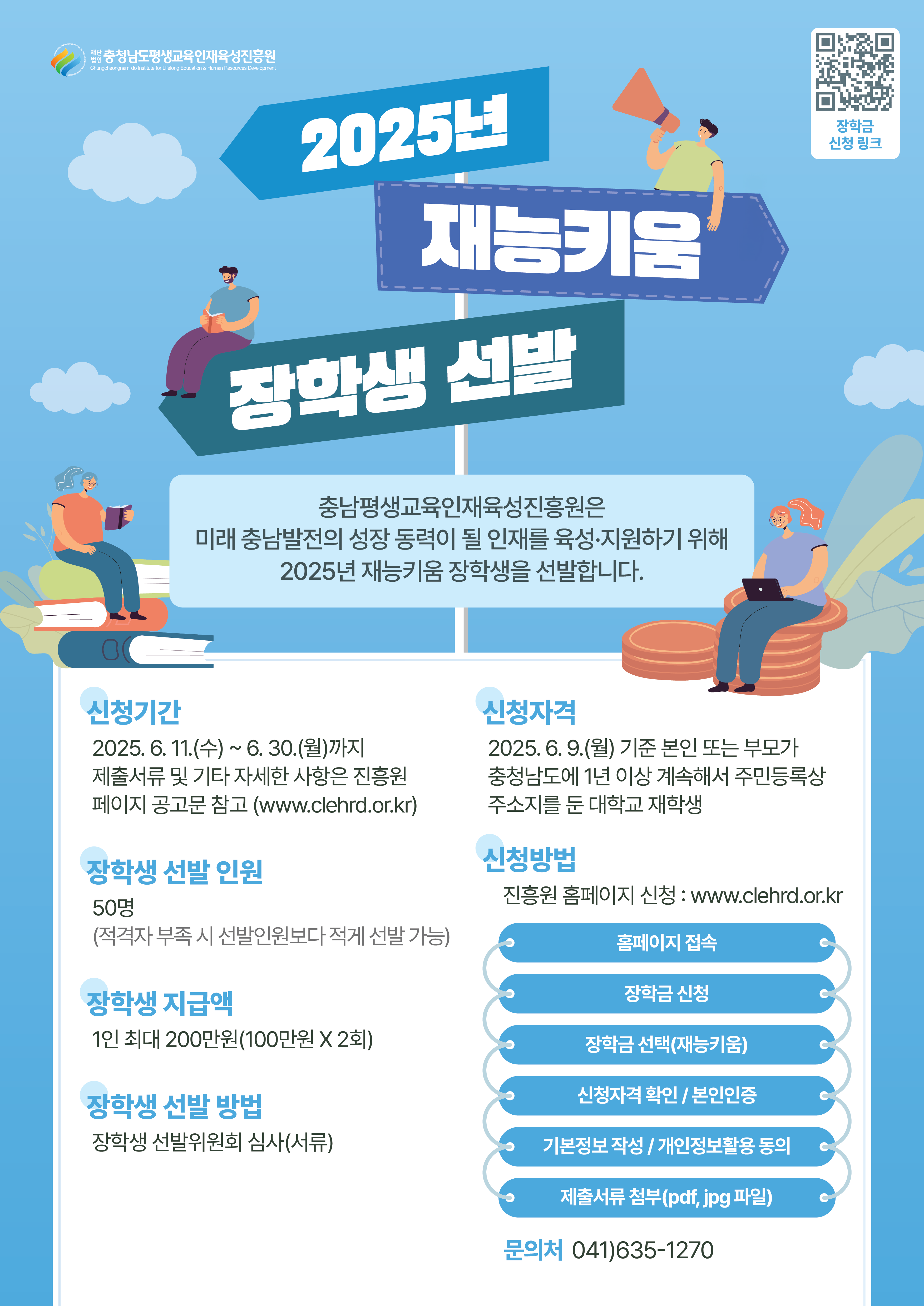 2025년 재능키움 장학생 선발 / 충남평생교육인재육성진흥원은 미래 충남발전의 성장 동력이 될 인재를 육성·지원하기 위해 2025년 재능키움 장학생을 선발합니다. / 신청기간 : 2025. 6. 11.(수)~6.30.(월)까지 제출서류 및 기타 자세한 사항은 진흥원 페이지 공고문 참고 (www.clehrd.or.kr) / 장학생 선발 인원 : 50명 (적격자 부족 시 선발인원보다 적게 선발 가능) / 장학생 지급액 : 1인 최대 200만원(100만원 X 2회) / 장학생 선발 방법 : 장학생 선발위원회 심사(서류) / 신청자격 : 2025. 6. 9.(월) 기준 본인 또는 부모가 충청남도에 1년 이상 계속해서 주민등록상 주소지를 둔 대학교 재학생 / 신청방법 : 진흥원 홈페이지 신청: www.clehrd.or.kr / 홈페이지 접속 > 장학금 신청 > 장학금 선택(재능키움) > 신청자격 확인/본인인증 > 기본정보 작성/개인정보활용 동의 > 제출서류 첨부(pdf, jpg 파일) / 문의처 041)635-1270