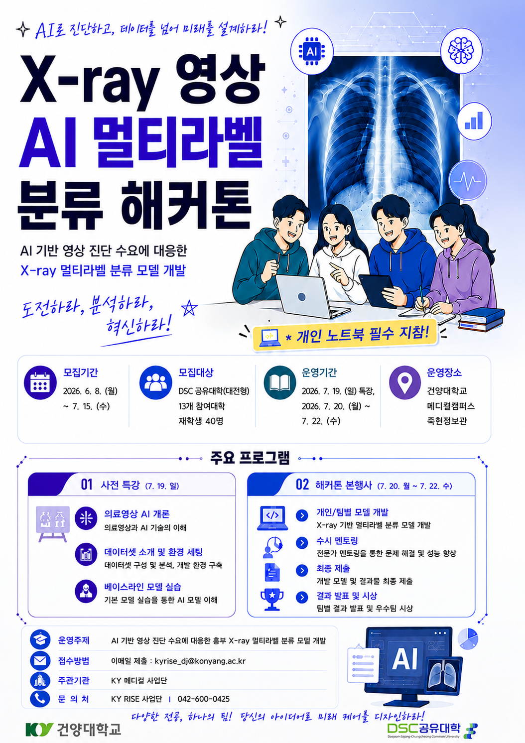 X-ray 영상 AI 멀티라벨 분류 해커톤 모집 포스터 - 슬로건: AI로 진단하고, 데이터를 넘어 미래를 설계하라! / 주요내용: AI 기반 영상 진단 수요에 대응한 X-ray 멀티라벨 분류 모델 개발 / 모집기간: 2026. 6. 8.(월) ~ 7. 15.(수) / 모집대상: DSC 공유대학(대전형) 13개 참여대학 재학생 40명 / 운영기간: 2026. 7. 19.(일) 특강, 2026. 7. 20.(월) ~ 7. 22.(수) / 운영장소: 건양대학교 메디컬캠퍼스 죽헌정보관 / 주요 프로그램: 01 사전 특강(7. 19. 일) - 의료영상 AI 개론, 데이터셋 소개 및 환경 세팅, 베이스라인 모델 실습 / 02 해커톤 본행사(7. 20. 월 ~ 7. 22. 수) - 개인/팀별 모델 개발, 수시 멘토링, 최종 제출, 결과 발표 및 시상 / 준비물: 개인 노트북 필수 지참 / 운영주제: AI 기반 영상 진단 수요에 대응한 흉부 X-ray 멀티라벨 분류 모델 개발 / 접수방법: 이메일 제출(kyrise_dj@konyang.ac.kr) / 주관기관: KY 메디컬 사업단 / 문의처: KY RISE 사업단(042-600-0425)