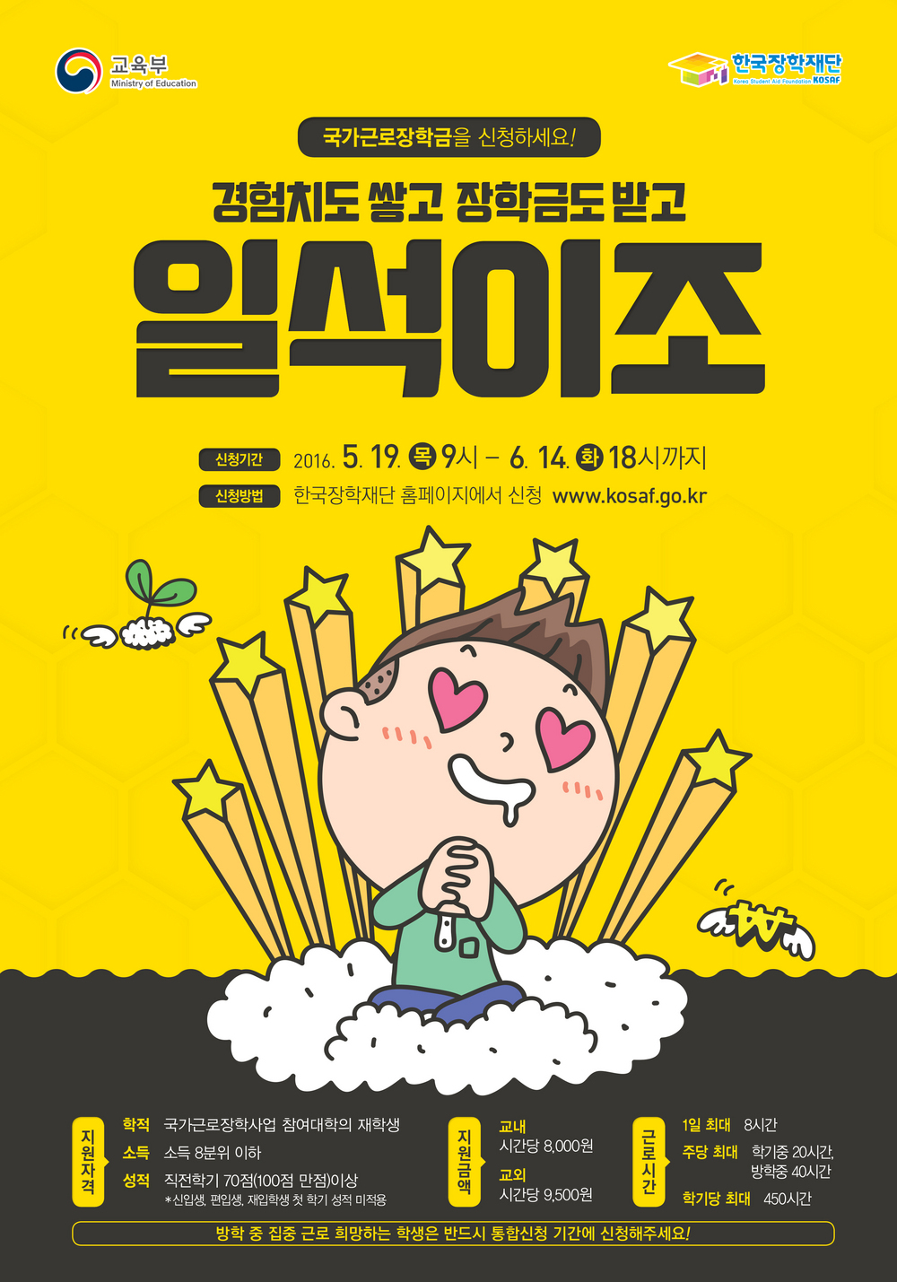 국가근로장학금을 신청하세요! / 경험치도 쌓고 장학금도 받고 일석이조 / 신청기간 : 2016. 5. 19(목) 9시 ~ 6. 14(화) 18시까지 / 신청방법 : 한국장학재단 홈페이지에서 신청 www.kosaf.go.kr / 지원자격 / 학적 : 국가근로장학사업 참여대학의 재학생 / 소득 : 소득 8분위 이하 / 성적 : 직전학기 70점(100점 만점)이상(신입생 / 편입생 / 재입학생 첫 학기 성적 미적용) / 지원금액 / 교내 : 시간당 8,000원 / 교외 : 시간당 9,500원 / 근로시간 / 1일 최대 : 8시간 / 주당 최대 : 학기중 20시간 / 방학중 40시간 / 학기당 최대 : 450시간 / 방학 중 집중 근로 희망하는 학생은 반드시 통합신청 기간에 신청해주세요!