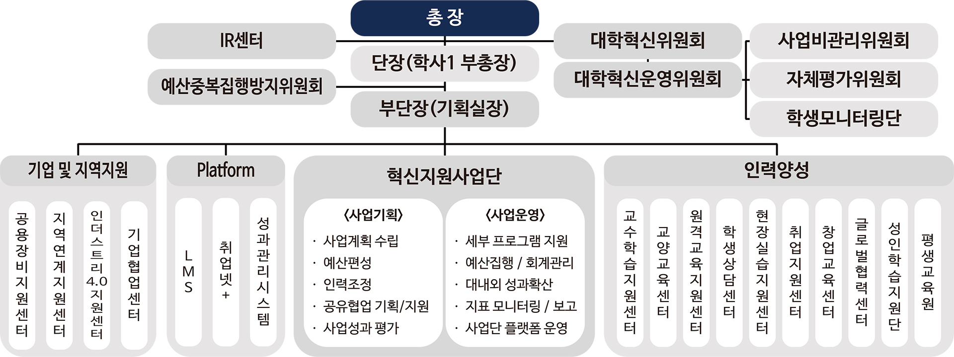총장 / / IR센터 -  단장(학사1 부총장) - 대학혁신위원회 - 대학혁신운영위원회(사업비관리위원회, 자체평가위원회, 학생모니터링단) / 예산중복집행방지위원회 - 부단장(기획실장) / 기업 및 지역지원 (공용장비지원센터, 지역연계지원센터, 인더스트리 4.0 지원센터, 기업협업센터) / Platform (LMS, 취업넷+, 성과관리시스템) / 혁신지원사업단 (사업기획 - 사업계획 수립, 예산편성, 인력조정 / 사업운영 - 세부 프로그램 지원, 예산집행/회계관리, 대내외 성과확산, 지표 모니터링/보고) / 인력양성 (교수학습지원센터, 교양교육센터, 원격교육지원센터, 학생상담센터, 현장실습지원센터, 취업지원센터, 창업교육센터, 글로벌협력센터, 성인학습지원단, 평생교육원)