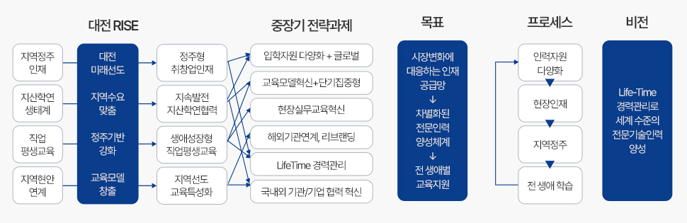 대전 RISE는 지역정주 인재 → 대전 미래선도 → 정주형 취창업인재, 지산학연생태계 → 지역수요맞춤 → 지속발전 지산학연협력, 직업 평생교육 → 정주기반 강화 → 생애성장형 직업평생교육, 지역현안 연계 → 교육모델 창출 → 지역선도 교육특성화의 계획을 가지고 있습니다. 중장기 전략과제로는 입학자원 다양화 + 글로벌, 교육모델혁신+단기집중형, 현장실무교육혁신, 해외기관연계, 리브랜딩, LifeTime 경력관리, 국내외 기관/기업 협력 혁신이 있습니다. 목표는 시장변화에 대응하는 인재 공급망에서 차별화된 전문인력 양성체계, 전 생애별 교육지원을 목표로 하고있습니다. 프로세스는 인력자원 다양화, 현장인재, 지역정주, 전 생애 학습입니다. 비전은 Life-Time 경력관리로 세계 수준의 전문기술인력 양성입니다.